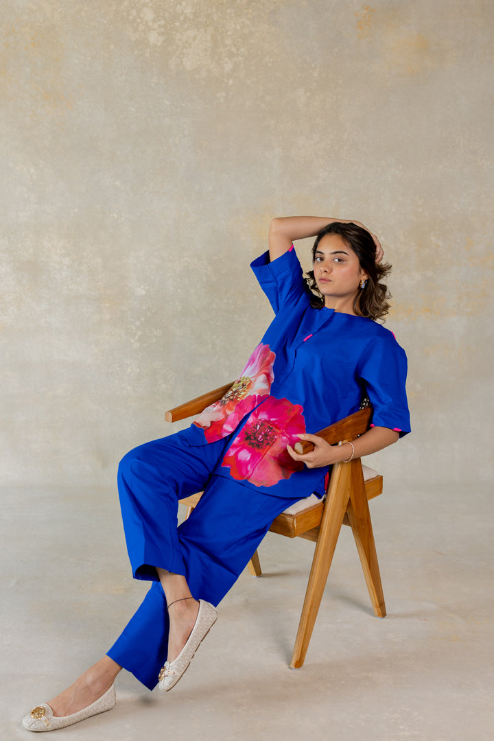 Electric blue co-ord with floral print