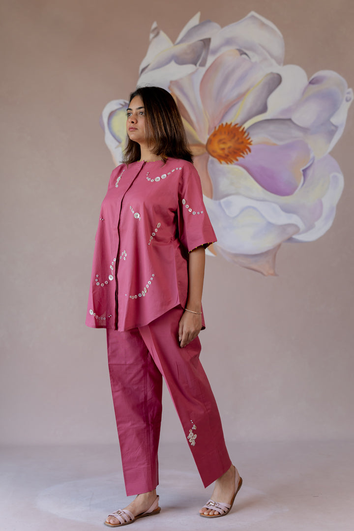 Rust pink co-ord with button details