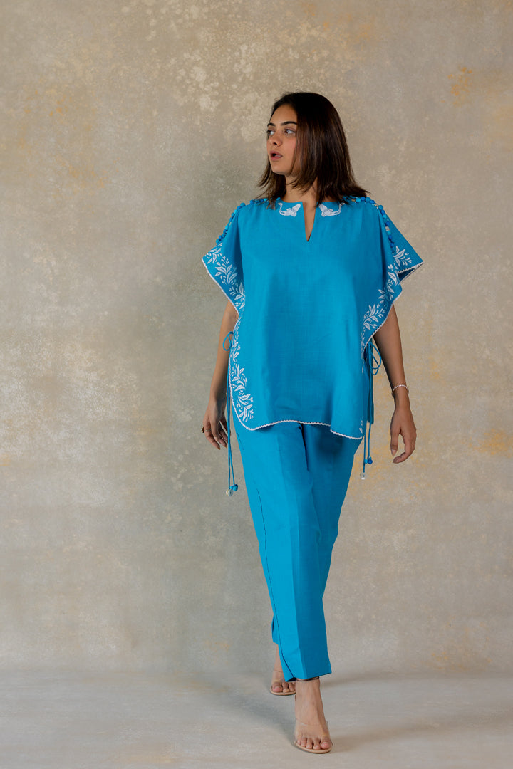 Blue poncho co-ord with floral print