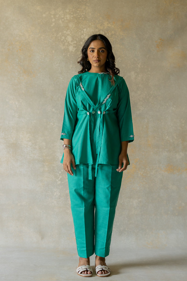 Teal co-ord with layering design