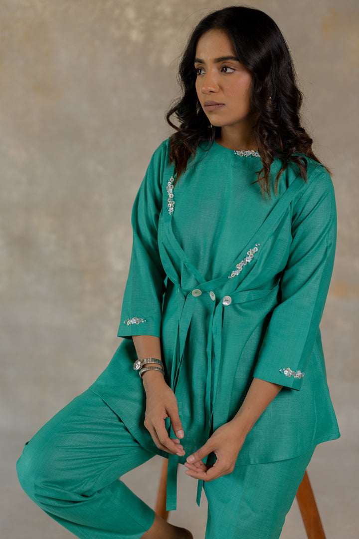 Teal co-ord with layering design