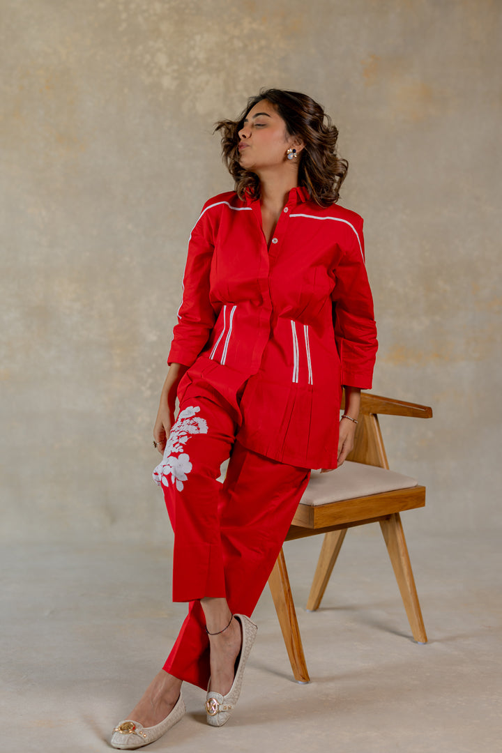 Red co-ord with flower details