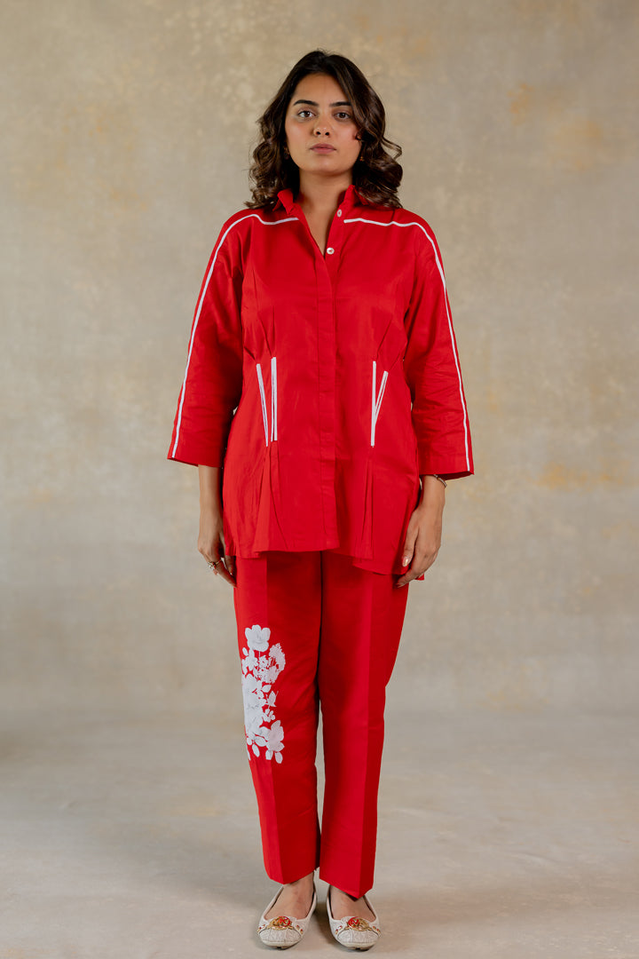 Red co-ord with flower details