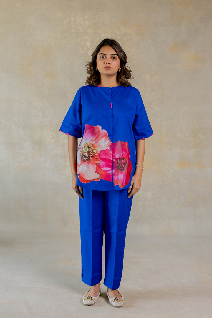 Electric blue co-ord with floral print