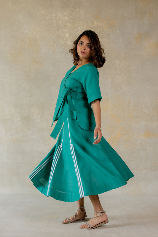 Teal knot dress with line abstract