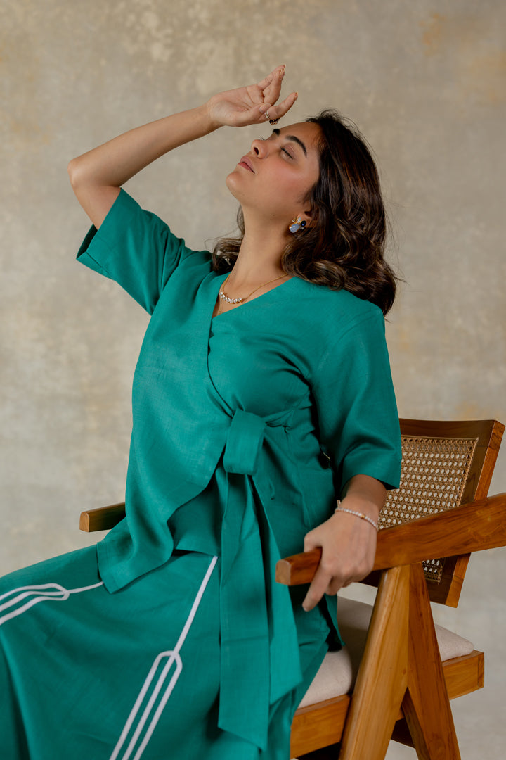 Teal knot dress with line abstract
