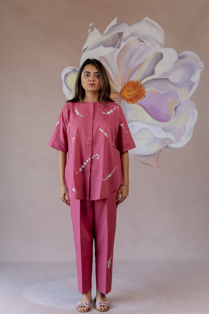 Rust pink co-ord with button details