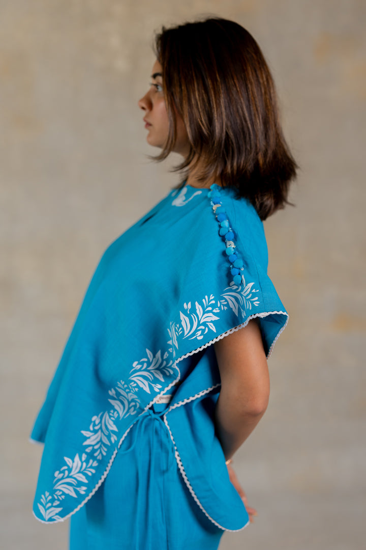 Blue poncho co-ord with floral print