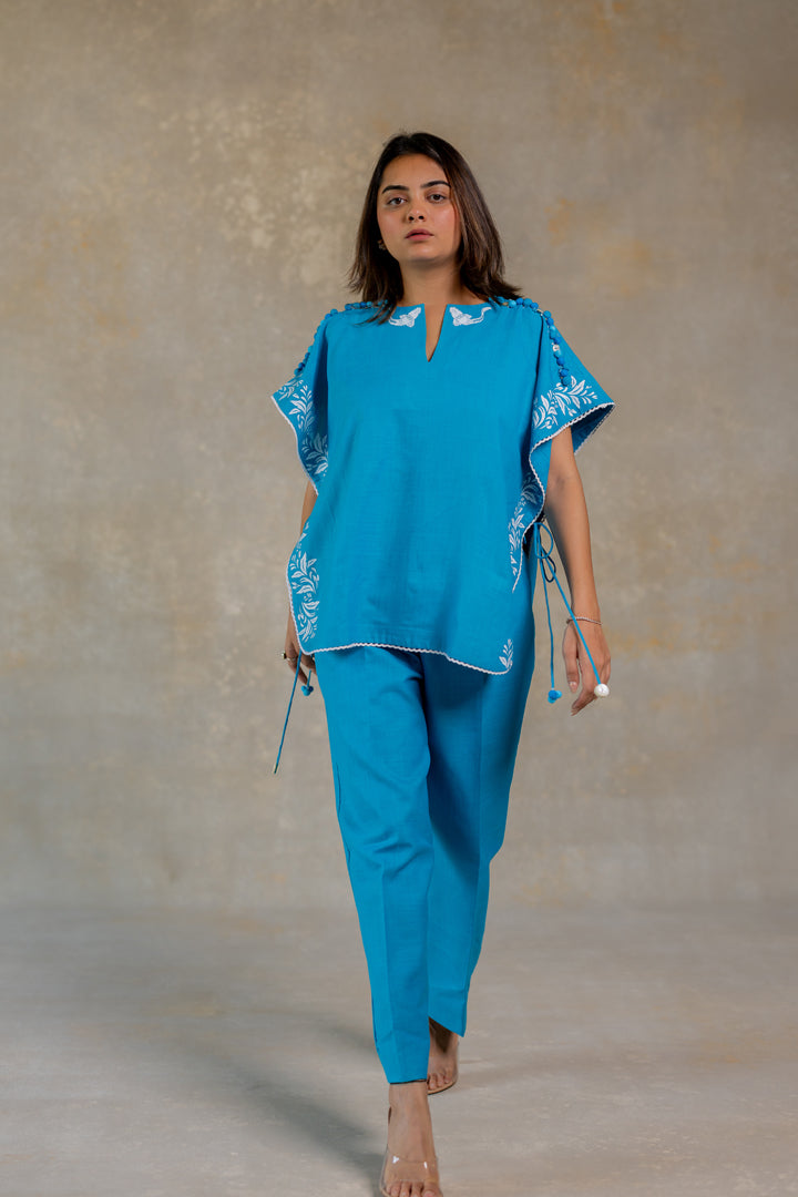 Blue poncho co-ord with floral print